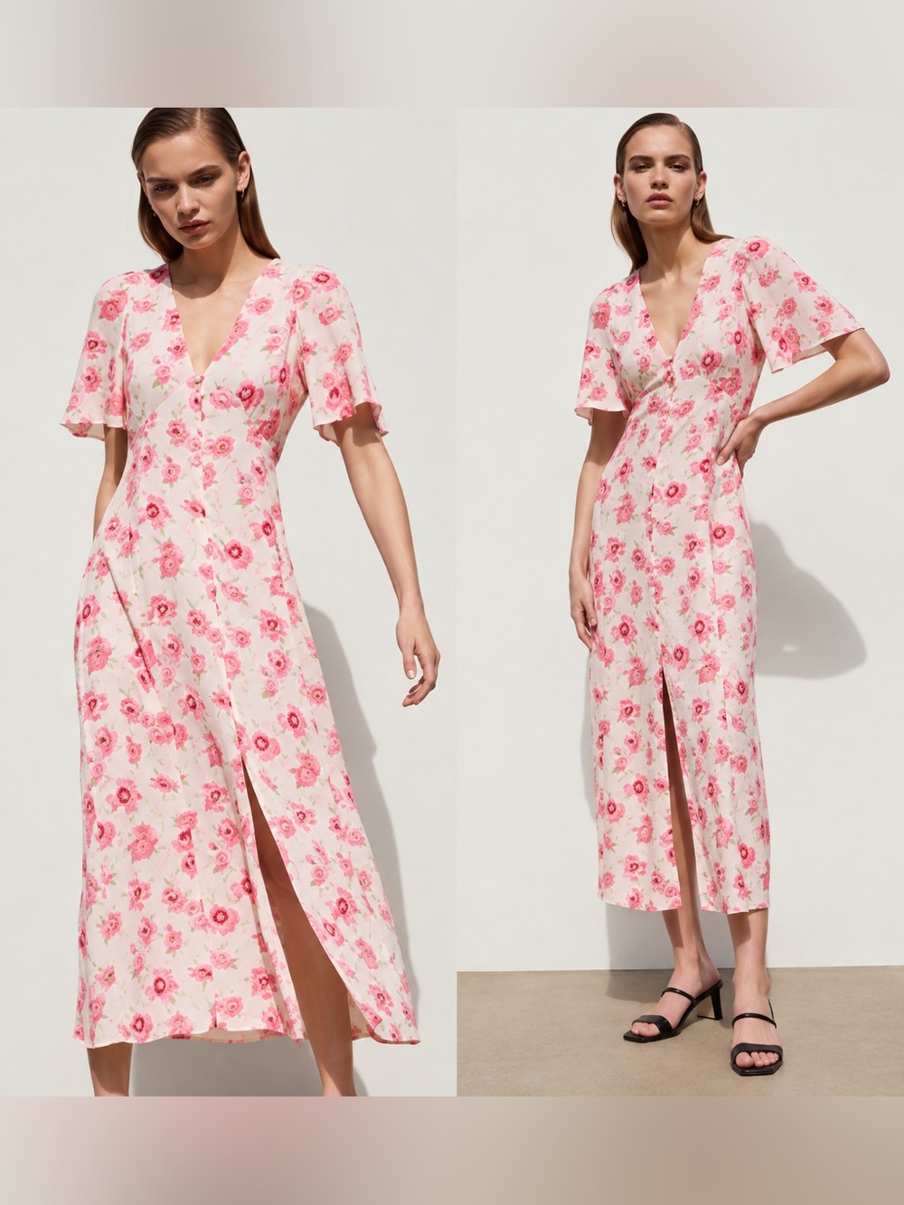 Zara Yellow Pink Floral Button Front Puff Sleeve Midi Dress Size M